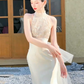 Robe de mariée longue en satin et tulle, décolleté en V profond, style sirène, C4111