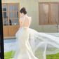 Robe de mariée longue en satin et tulle, décolleté en V profond, style sirène, C4111