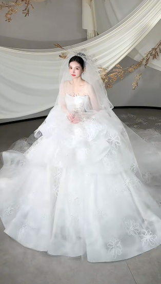 Robe de mariée longue blanche de rêve en tulle et dentelle, sans manches, avec voile, C4114