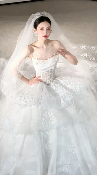 Robe de mariée longue blanche de rêve en tulle et dentelle, sans manches, avec voile, C4114