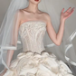 Robe de mariée longue en tulle sans manches et voile, style unique, C4115
