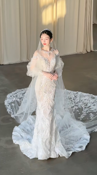 Robe de mariée sirène blanche en tulle et dentelle, manches longues et voile, C4116