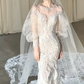 Robe de mariée sirène blanche en tulle et dentelle, manches longues et voile, C4116