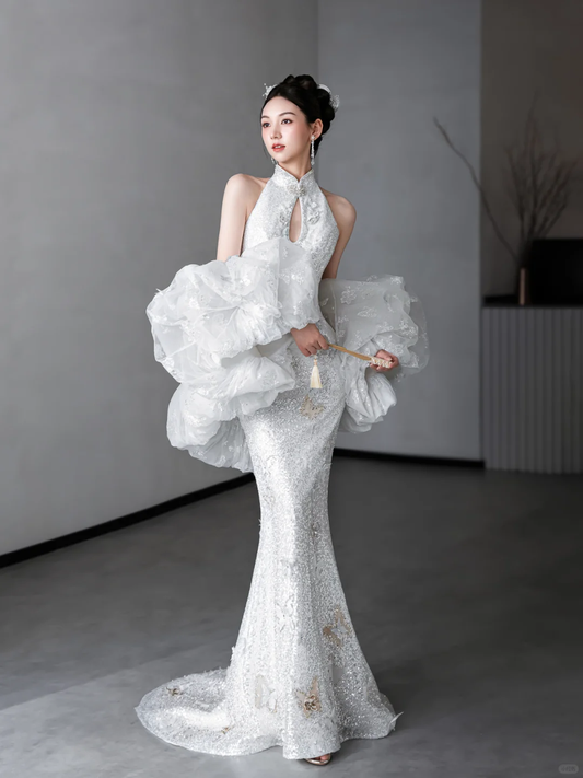 Robe de mariée longue sirène blanche intemporelle en satin et tulle à sequins, dos nu, C4117