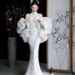 Robe de mariée longue sirène blanche intemporelle en satin et tulle à sequins, dos nu, C4117