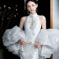 Robe de mariée longue sirène blanche intemporelle en satin et tulle à sequins, dos nu, C4117