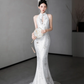 Robe de mariée longue sirène blanche intemporelle en satin et tulle à sequins, dos nu, C4117