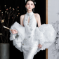 Robe de mariée longue sirène blanche intemporelle en satin et tulle à sequins, dos nu, C4117