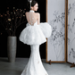 Robe de mariée longue sirène blanche intemporelle en satin et tulle à sequins, dos nu, C4117