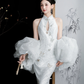 Robe de mariée longue sirène blanche intemporelle en satin et tulle à sequins, dos nu, C4117