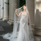 Superbe robe de mariée sirène longue en tulle, épaules dénudées, dentelle perlée et voile C4119