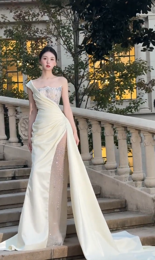 Robe de mariée sirène unique, asymétrique, en satin, tulle et perles, longue, C4120