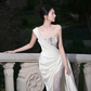 Robe de mariée sirène unique, asymétrique, en satin, tulle et perles, longue, C4120
