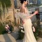 Jolie robe de mariée sirène longue en tulle et dentelle, épaules dénudées, C4122
