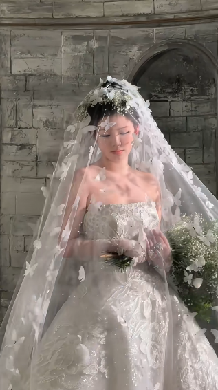 Robe de mariée longue en tulle, bustier, dentelle, sequins et voile, C4124