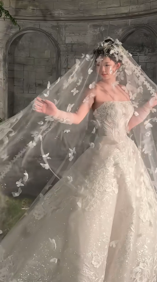 Robe de mariée longue en tulle, bustier, dentelle, sequins et voile, C4124