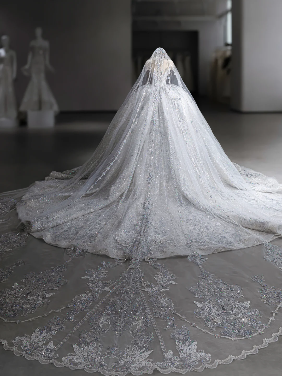 Robe de mariée longue en tulle à sequins et voile, style bal intemporel, C4125
