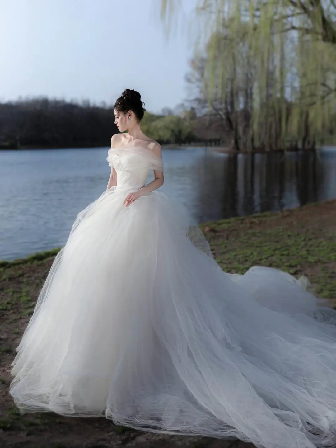Robe de mariée longue élégante en tulle à épaules dénudées C4127