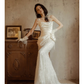 Gorgeous Mermaid Strapless Satin Tulle Lace Tassel With Gloves Long Wedding Dresses C4128