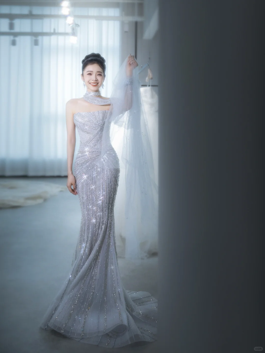 Robe de mariée longue en tulle à paillettes et bretelles style sirène C4129