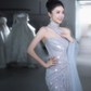 Robe de mariée longue en tulle à paillettes et bretelles style sirène C4129