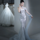 Robe de mariée longue en tulle à paillettes et bretelles style sirène C4129