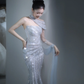 Robe de mariée longue en tulle à paillettes et bretelles style sirène C4129