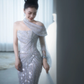 Robe de mariée longue en tulle à paillettes et bretelles style sirène C4129