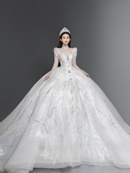 Superbe robe de bal en tulle et dentelle, manches longues, robe de mariée longue C4136