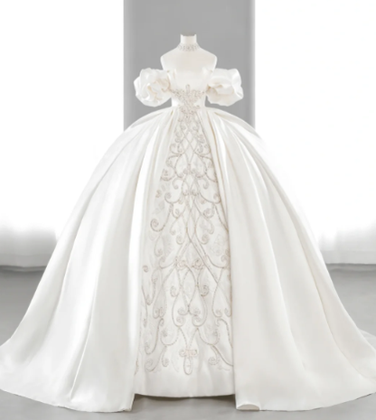 Elegant Ball Gown Off The Shoulder Satin Long Wedding Dresses C4138