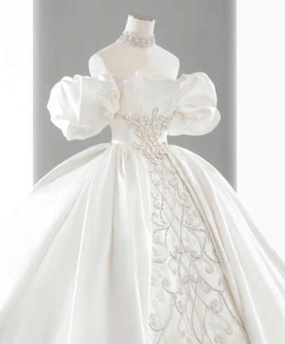 Elegant Ball Gown Off The Shoulder Satin Long Wedding Dresses C4138