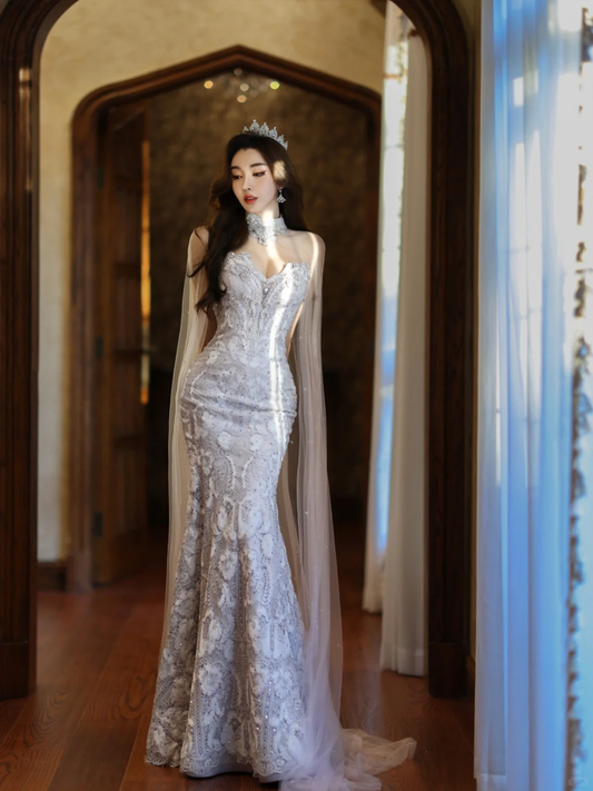 Robe de mariée sirène bustier en satin et tulle à sequins, longue et rêveuse, C4139