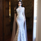 Robe de mariée sirène bustier en satin et tulle à sequins, longue et rêveuse, C4139