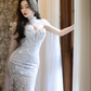 Robe de mariée sirène bustier en satin et tulle à sequins, longue et rêveuse, C4139