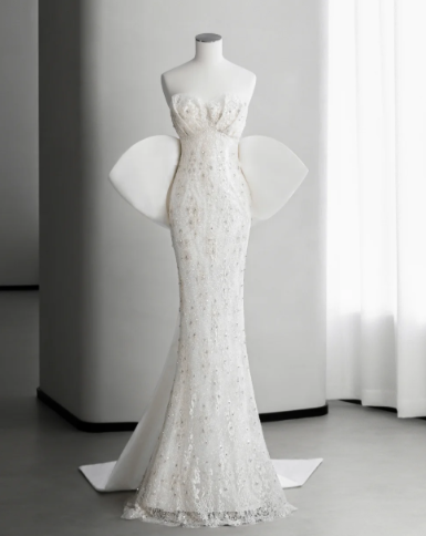 Robe de mariée longue en satin, style sirène, bustier, dentelle perlée, dos avec nœud, C4140
