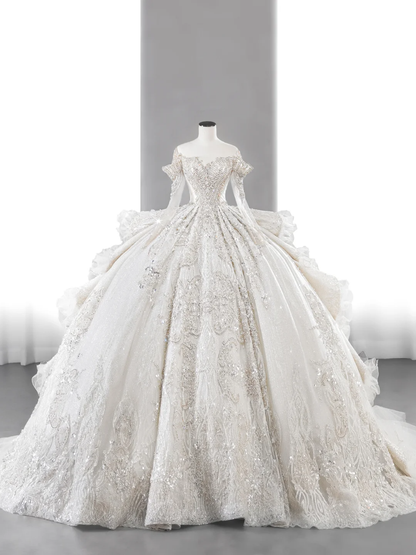 Robe de bal intemporelle à épaules dénudées, tulle, dentelle, paillettes, perles, manches longues, robes de mariée longues C4142