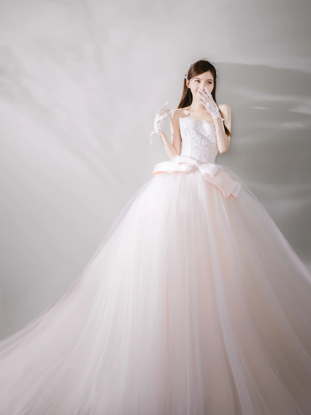 Robe de mariée élégante, bustier, tulle, dentelle, nœud, gants, longue, C4143