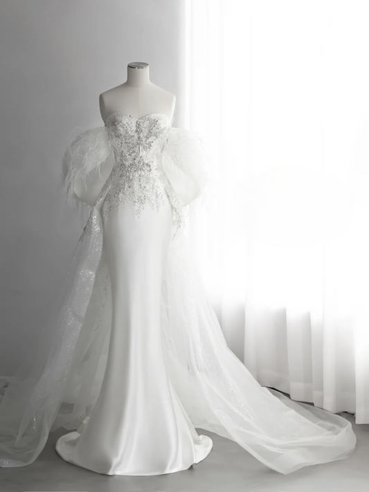 Robe de mariée sirène blanche de rêve, sans bretelles, en satin, tulle, paillettes et perles, longue, C4146