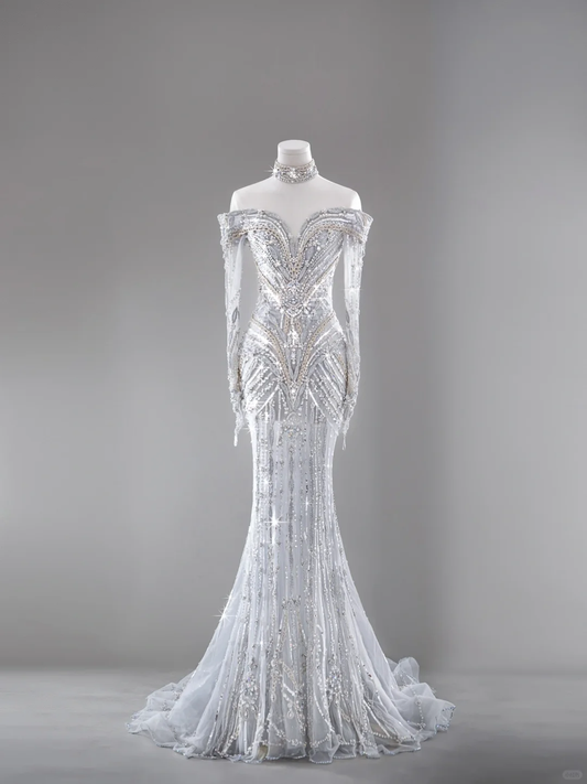 Superbe robe de mariée sirène à épaules dénudées, en tulle, paillettes et perles, manches longues, C4149