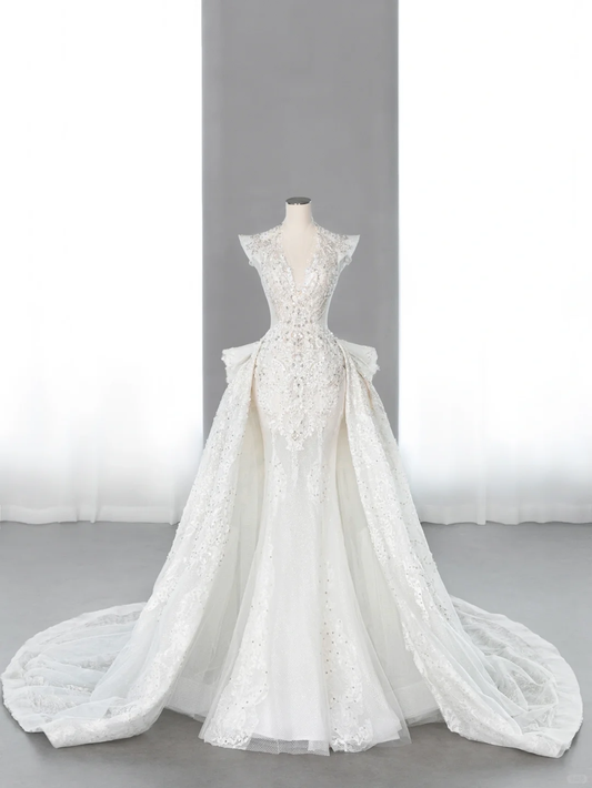 Jolie robe de mariée sirène longue en tulle, col en V, paillettes et perles C4150