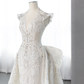 Jolie robe de mariée sirène longue en tulle, col en V, paillettes et perles C4150