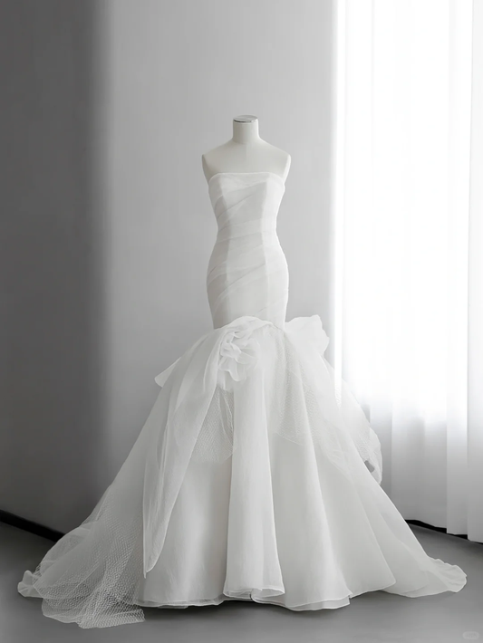 Robe de mariée longue en tulle et mousseline, style sirène, sans bretelles, élégante, C4151