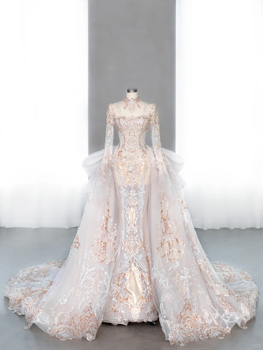 Superbe robe de mariée sirène en tulle, dentelle, paillettes et perles, manches longues, C4153