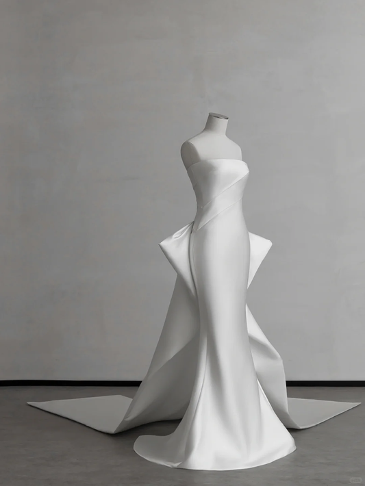Robe de mariée longue en satin, simple et élégante, style sirène, sans bretelles, C4154