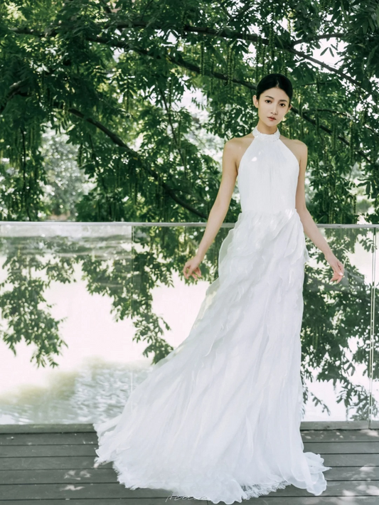 Robe de mariée longue en mousseline blanche, élégante, coupe A-line, dos nu, C4156