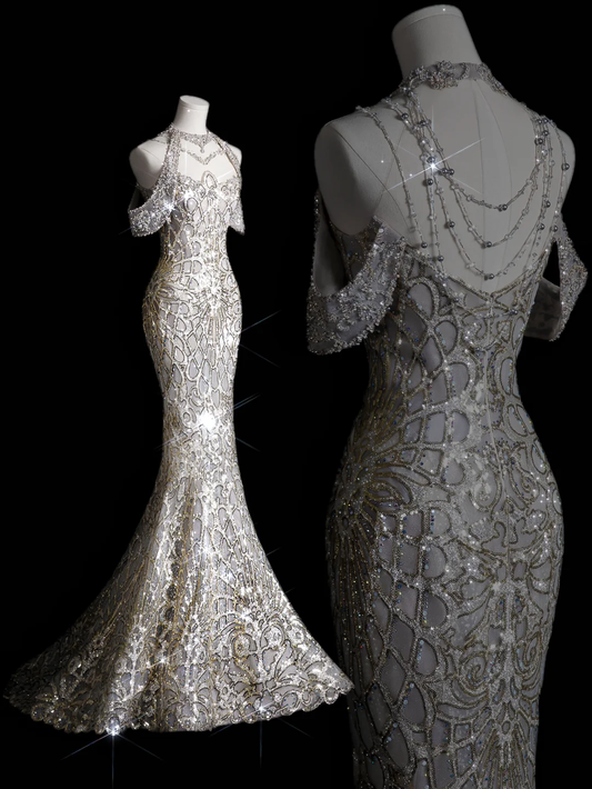 Robe de mariée sirène longue à épaules dénudées et paillettes perlées C4161