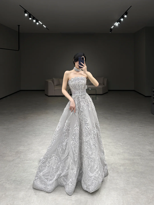 Robe de mariée longue en satin, sans bretelles, style robe de bal chic, C4166