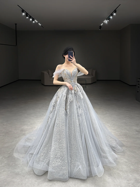 Robe de mariée longue en tulle et dentelle, épaules dénudées, jolie robe de bal, C4167