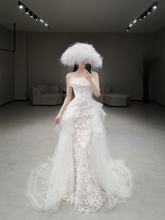 Robe de mariée longue élégante en tulle et dentelle, style sirène, sans bretelles, C4168