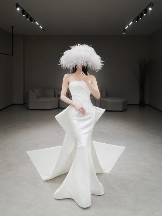 Robe de mariée longue en satin, simple et élégante, style sirène, sans bretelles, C4169